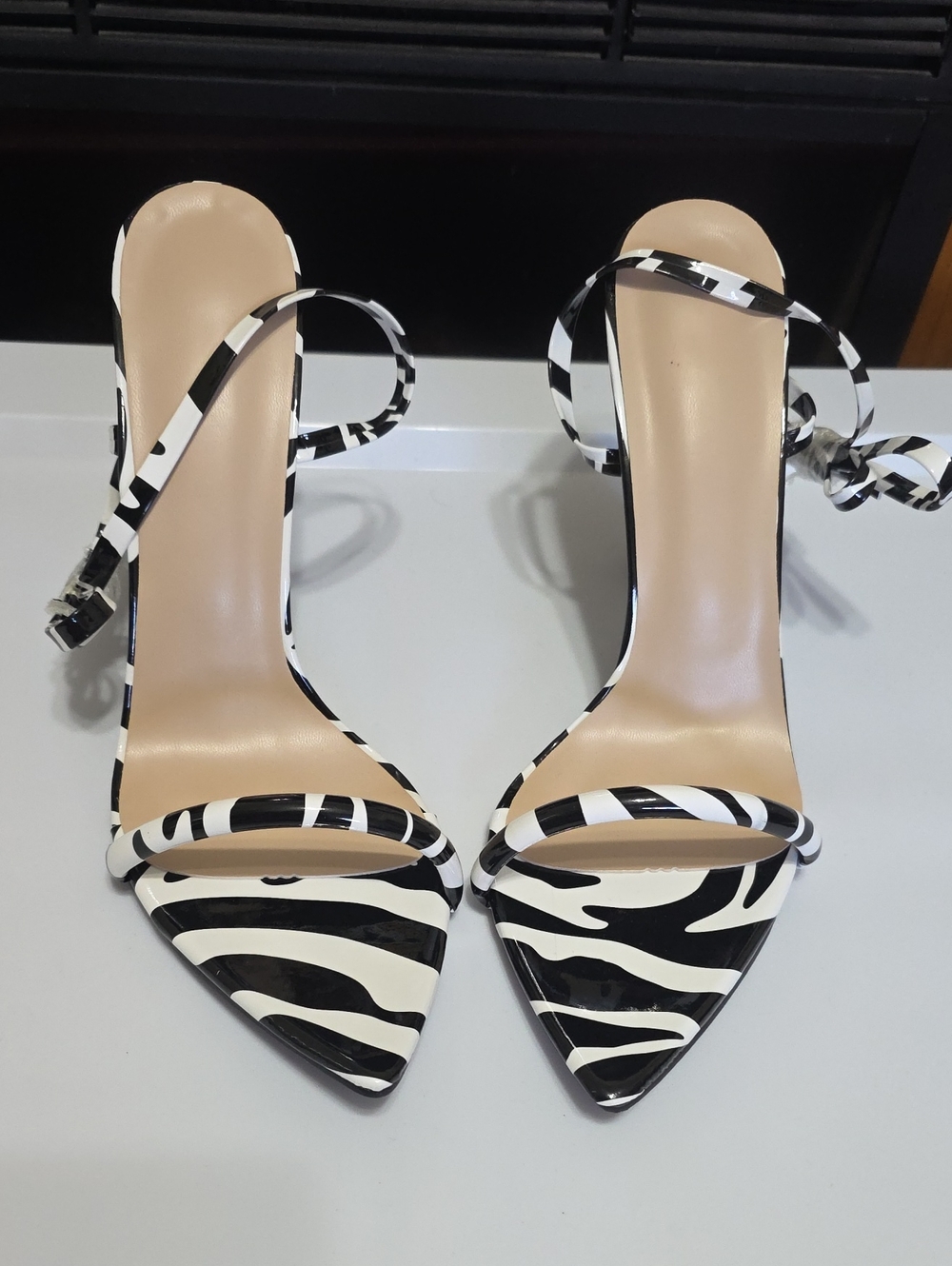 Zebra-Print Pointed Toe Ankle-Strap Heels - Black & White